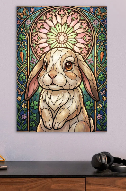Stained Glass Bunny with Flowers — metal poster wall art by Lineer